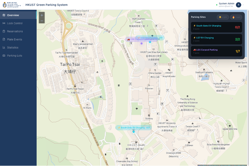 HKUST Green Parking System dashboard showing the campus map and real-time availability of EV-charging and carpool parking sites.